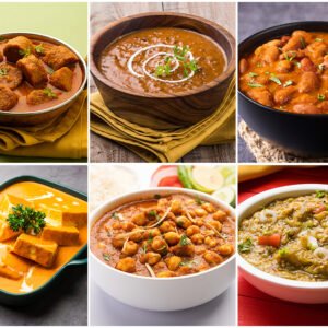 Authentic Indian food recipes including butter chicken, biryani, masala dosa, naan, curry, and traditional Indian dishes served on a dining table.