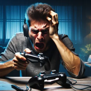 A person playing video games on a modern gaming setup representing the impact of video games on society, mental health, education, and future technology.