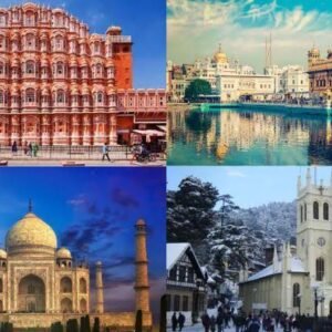 Beautiful collage of the best places to visit in India featuring the Taj Mahal, Kashmir mountains, Kerala backwaters, Goa beaches, Jaipur forts, and Ladakh landscapes.